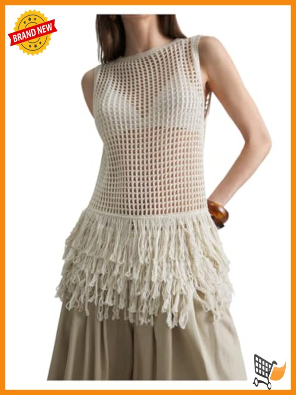 Hollow Out Fringe Knitted Tank Top Sexy Sheer Sleeveless Long Sweater Vest